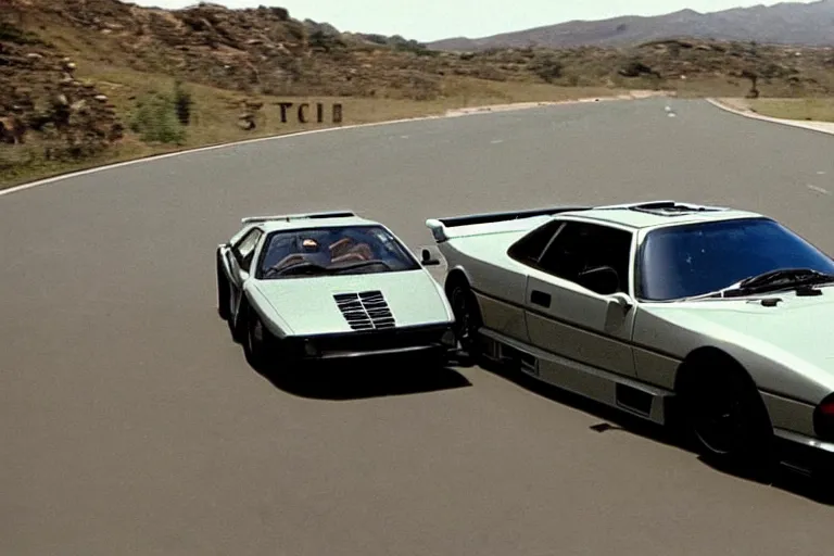 Image similar to vintage archival race footage of a single 1995 Vector W8 Twin Turbo, with elements of the BMW M1, movie still, speed, cinematic Panavision 5384 film