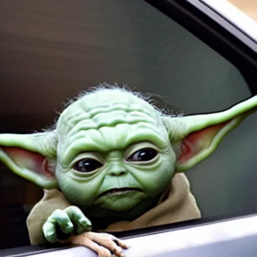 Image similar to screaming baby yoda hanging out of car window at drive thru ordering menu