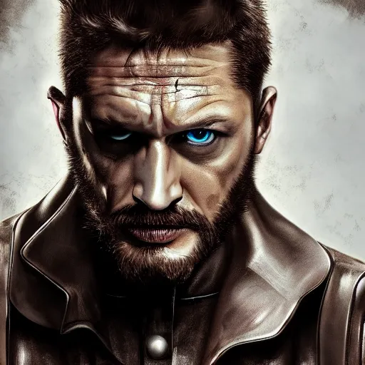 Image similar to Tom Hardy as wolverine in Black Damaged leather suit Digital art 4K quality Photorealism