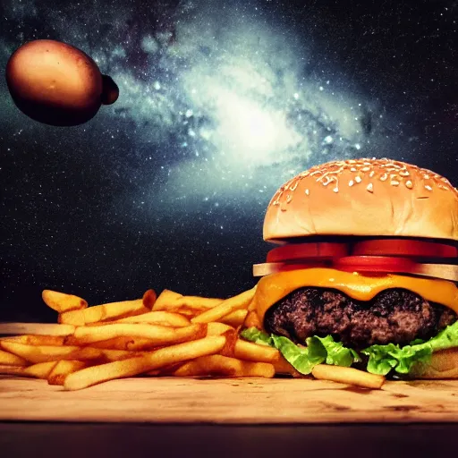 Prompt: a burger and fries and shake floating through space, realism, 4 k, galaxy, milky way, high detail