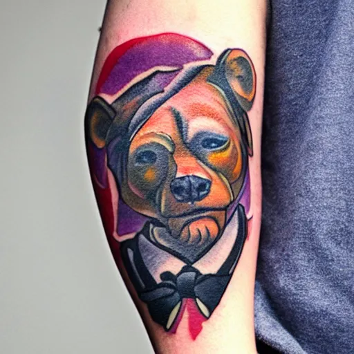 Image similar to tattoo style of a man with a bear's head, color restoration, watercolor, high quality ink, reds and purples, browns and earth colors