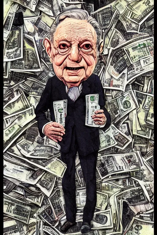 Prompt: George Soros full body shot, dollar bills Body horror, biopunk, by Ralph Steadman, Francis Bacon, Hunter S Thompson