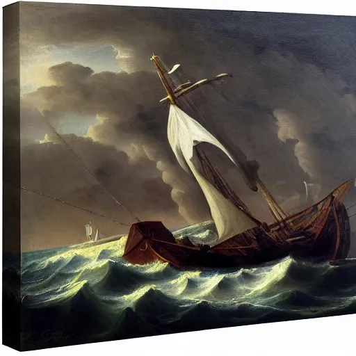 Image similar to a medieval vessel sailing the sea in a rough storm, sailors frantically pulling at ropes and tying the sails, large waves crashing and lightning striking in the distance, dark great clouds swirling above, detailed and oil painting