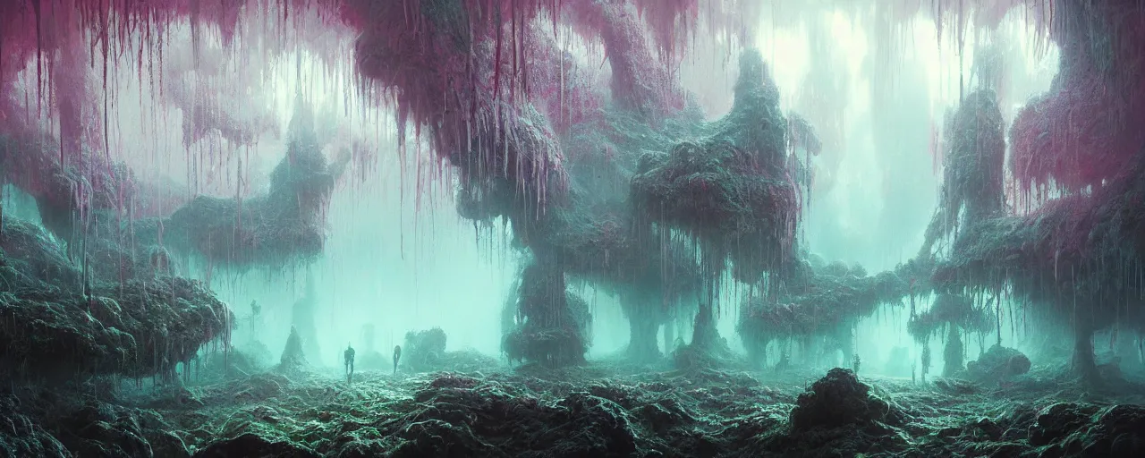 Prompt: ” fog, mycelium, roots, deep cavern, [ moist, wet, dripping, cinematic, detailed, epic, widescreen, opening, establishing, mattepainting, photorealistic, realistic textures, octane render, art by paul lehr ] ”