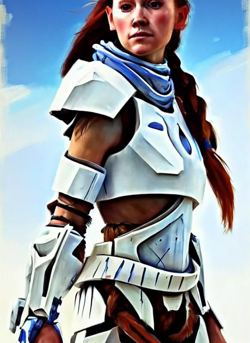 Prompt: portrait of a caucasian Aloy from Horizon Zero Dawn in white clothes Stormtrooper armor, desert, calm, fantasy character portrait, dynamic pose, above view, sunny day, clouds in the sky, artwork by Jeremy Lipkin and Giuseppe Dangelico Pino and Michael Garmash and Rob Rey and Greg Manchess, very coherent asymmetrical artwork, sharp edges, perfect face, simple form, 100mm