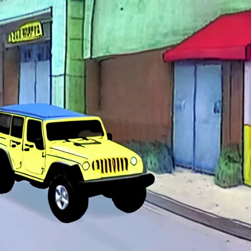 Prompt: cctv footage of spongebob stealing a jeep wrangler, high quality, high resolution