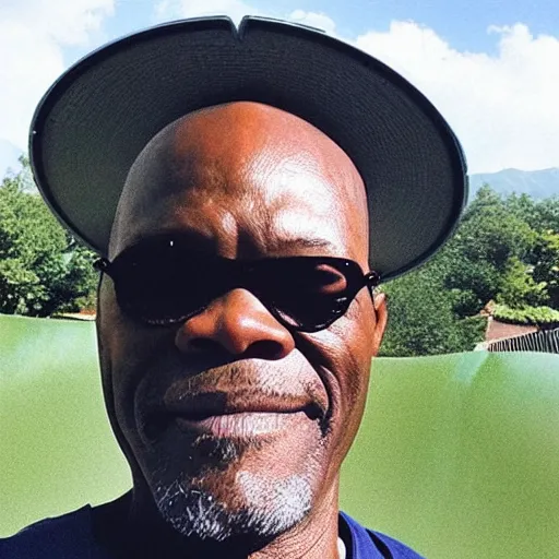 Image similar to high-quality selfie taken by Samuel L Jackson while he goes down a waterslide