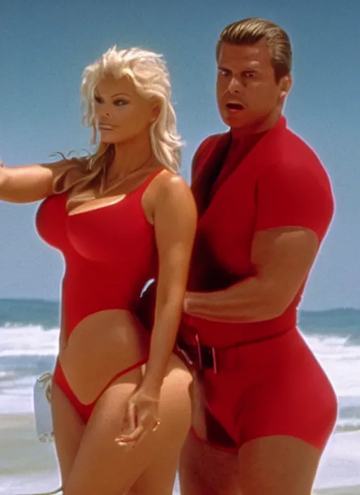 Image similar to a film still of kim kardashian as pamela anderson in baywatch. cinematic.