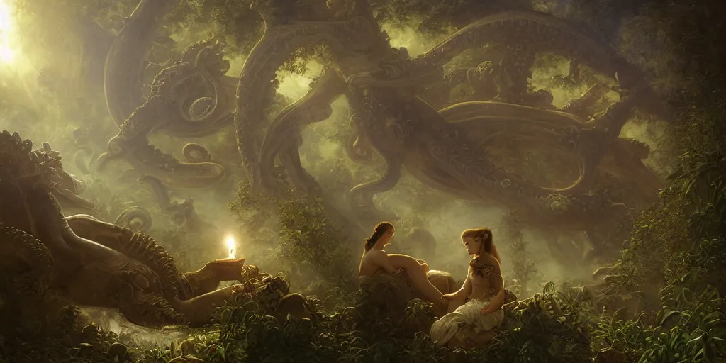 Image similar to Fantasy fairytale story, Great Leviathan Turtle, cephalopod, Cthulhu Squid Terrapin, Mysterious Island, center Universe, hybrid, Reptilian Cyborg, intense celestial fantasy atmospheric lighting, hyper realistic, William-Adolphe Bouguereau, François Boucher, Jessica Rossier, Michael Cheval, michael whelan, Cozy, hot springs hidden Cave, Forest, candlelight, natural light, lush plants and flowers, Spectacular Mountains, bright clouds, luminous stellar sky, outer worlds, Golden dapple lighting, Solar Flare Unreal Engine, HD,