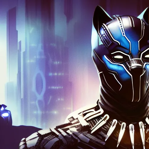 Image similar to 3 d render cyberpunk fantasy art picture of blue and black panther. blood drips from its mouth. a robot lays in a ditch in the background. depth of field. 8 0 mm