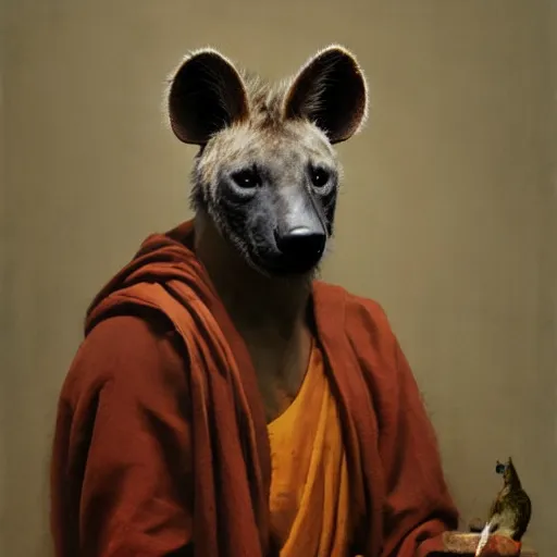 Image similar to attractive hyena wearing a monk robes holding invense burner. natural lighting by ruan jia, portrait