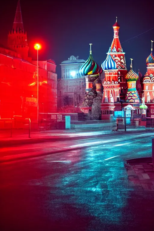 Image similar to neon streets of moscow with red square, 4 k, award winning photo, cyberpunk style