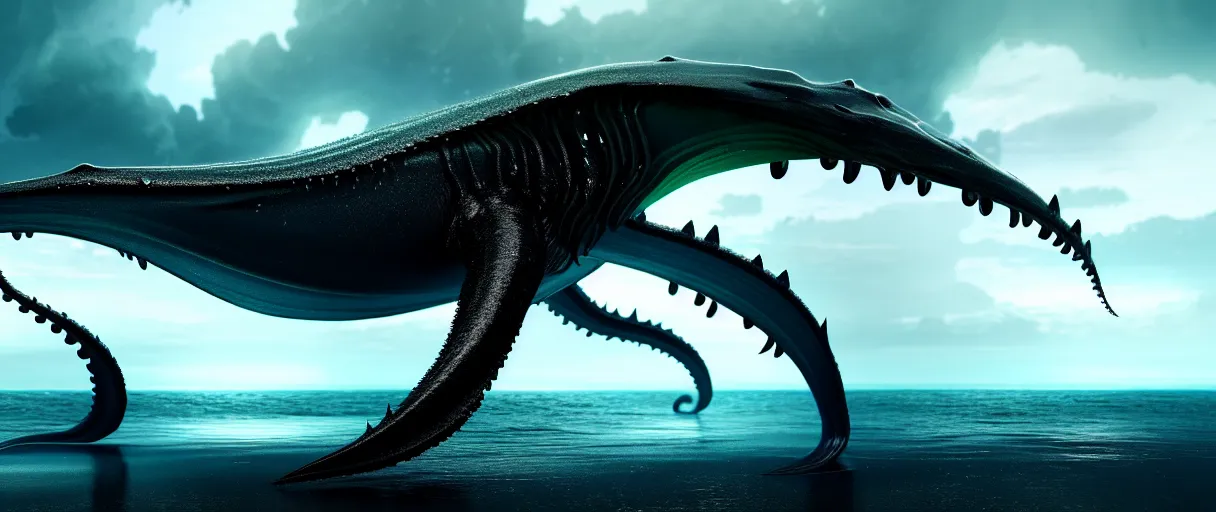 Image similar to a stunning cinematic extreme wide shot of an slick sleek smooth translucent halitrephes maasi sea monster wearing clothes made of seaweed on a dark stormy beach, with huge luminous sad eyes, sharp claws, cgsociety, hd octane render, fantasy, artstation, deviantart, furaffinity, very very clean, super smooth, thunderclouds, thunderstorm