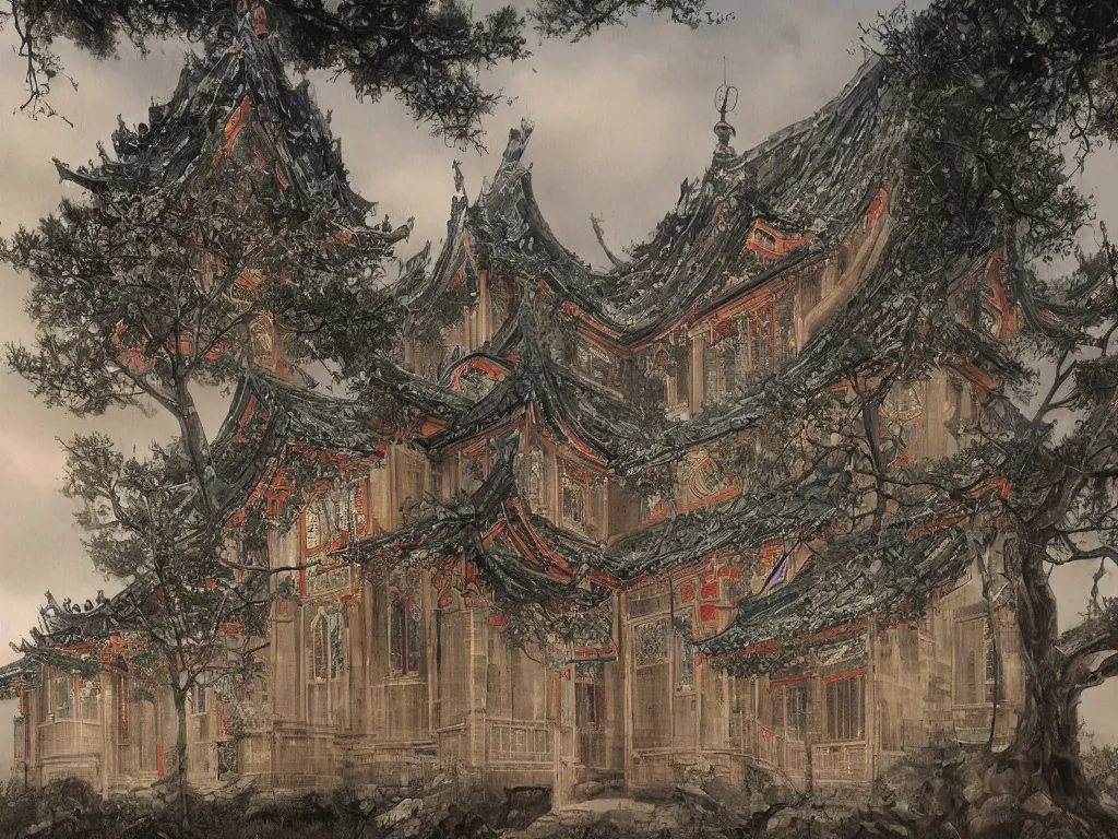 Image similar to A beautiful landscape painting of a Chinese traditional Gothic church, trending on artstation