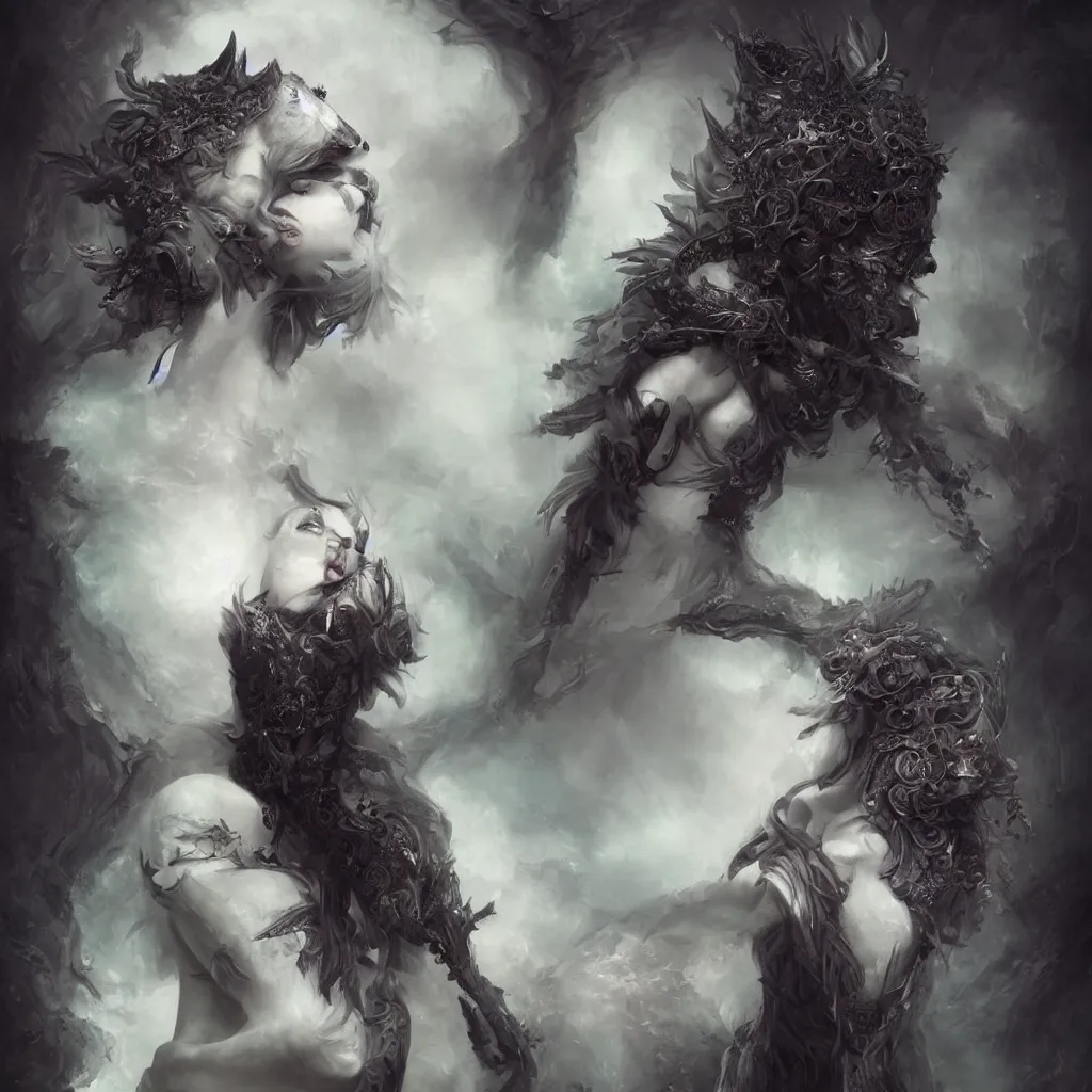 Prompt: tom bagshaw, soft painting centered portrait body shot fractal curiosities carnival, a single beautiful anthropomorphic female wolf mutation in full nightshade gothic armor, accurate features, focus, very intricate ultrafine details, black white purple volumetric clouds, award winning masterpiece, octane render 8 k hd