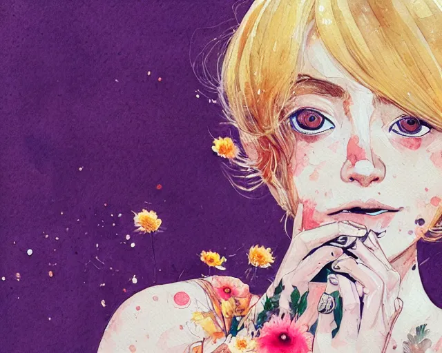 Image similar to pale young woman with bright blonde hair, freckles, big bright eyes and a very wide face, flowery dress, she is holding a professional dslr camera close to her face with her hands, expressive, surrealism, emotional watercolor art by conrad roset