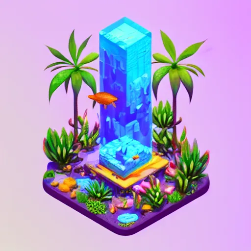 Image similar to isometric webdesign icon for paradise blossoming aquarium of eden with waterfall, 3 d render, by artgerm, tooth wu, dan mumford, beeple, wlop, rossdraws, james jean, andrei riabovitchev, marc simonetti, yoshitaka amano, artstation