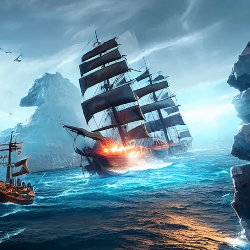 Image similar to ancient ship battle, highly detailed, photorealistic portrait, bright studio setting, studio lighting, crisp quality and light reflections, unreal engine 5 quality render