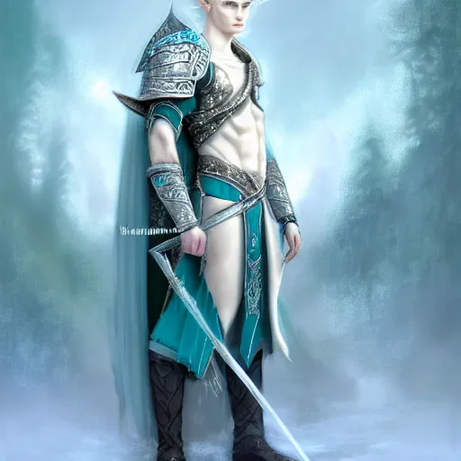 Prompt: half length portrait of a handsome male snow elf in a turquoise cape and silver ornate armour as an archer, albino skin, pale pointed ears, ethereal opalescent mist, moonlight snow, perfect face, elegant, very coherent symmetrical artwork, atmospheric lighting, rule of thirds, by wenjun lin, krenz cushart, charlie bowater, trending on artstation