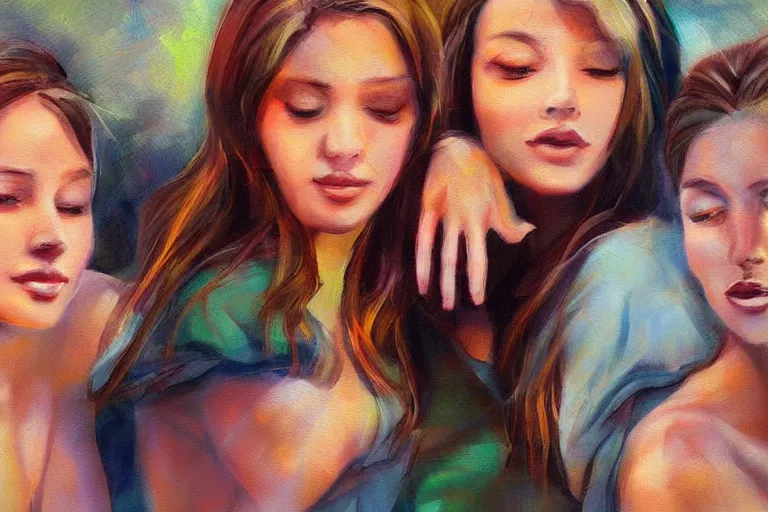 Image similar to beautiful painting of friends, beautiful faces, sitting on the edge, cute, soft light, digital painting by belotto bernardo