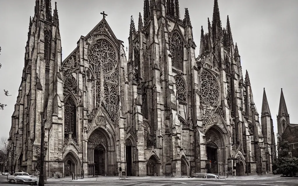 Prompt: street view of a cathedral made of flesh and bones, realistic, old color photograph, dynamic composition, creepy