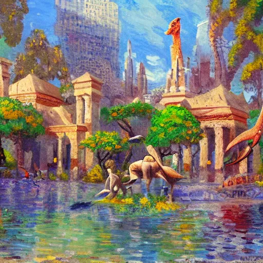 Image similar to impressionist painting of a utopian stone city with dinosaurs