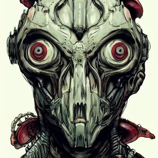 Image similar to pixiv, gruesome, sci - fi, polychaeta, undead cyborg head, doom, rat, reptile, red, white