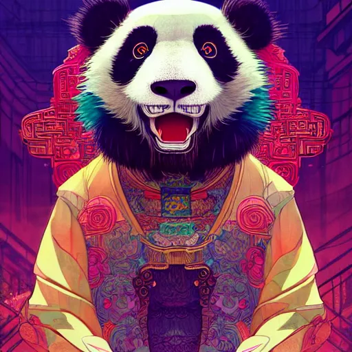 Image similar to a beautiful hyperdetailed character design 4 k wallpaper illustration of a cute panda with a chinese lion dance head victo ngai cyberpunk style, from china, style of studio ghibli, makoto shinkai, raphael lacoste, louis comfort tiffany, artgerm, james jean, ross tran, chinese style