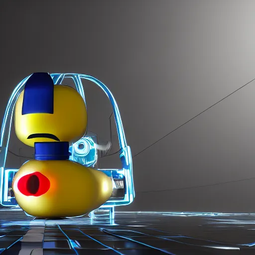 Image similar to a centered detailed render of a cybernetic enhanced rubber ducky, unreal engine render