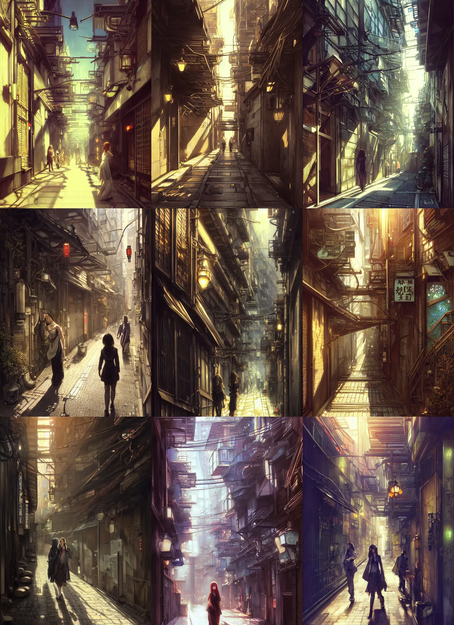 Prompt: ultra realistic beautiful downtown tokyo alleyway techno art, intricate, elegant, highly detailed, digital painting, artstation, concept art, smooth, sharp focus, illustration, beautiful sunlight and shadows, art by artgerm and tian zi and alphonse mucha and greg rutkowski and jeremy mann and andreas achenbach