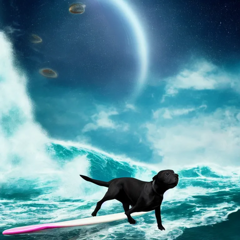 Image similar to photo of a female black coat pit bull with white paws, surfing on a surfboard in a crashing wave of alien ocean in space, background is an alien galaxy, aliens in the background, alien colors, octane render, unreal engine, wide view, 8 k, high detaild