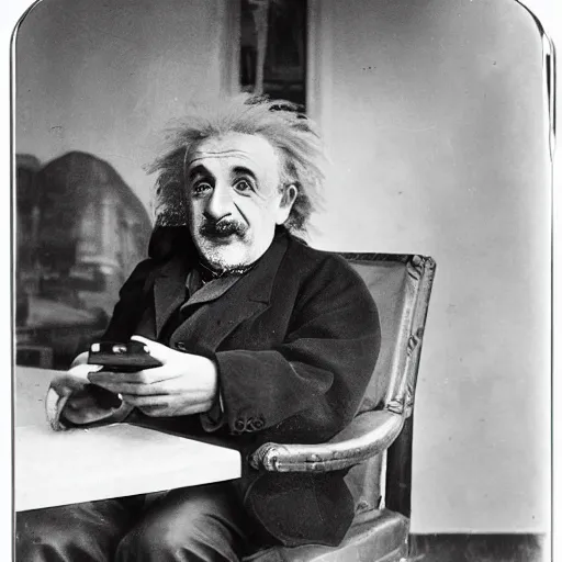 Image similar to alber Einstein showing his Samsung phone to camera , pov , full color picture