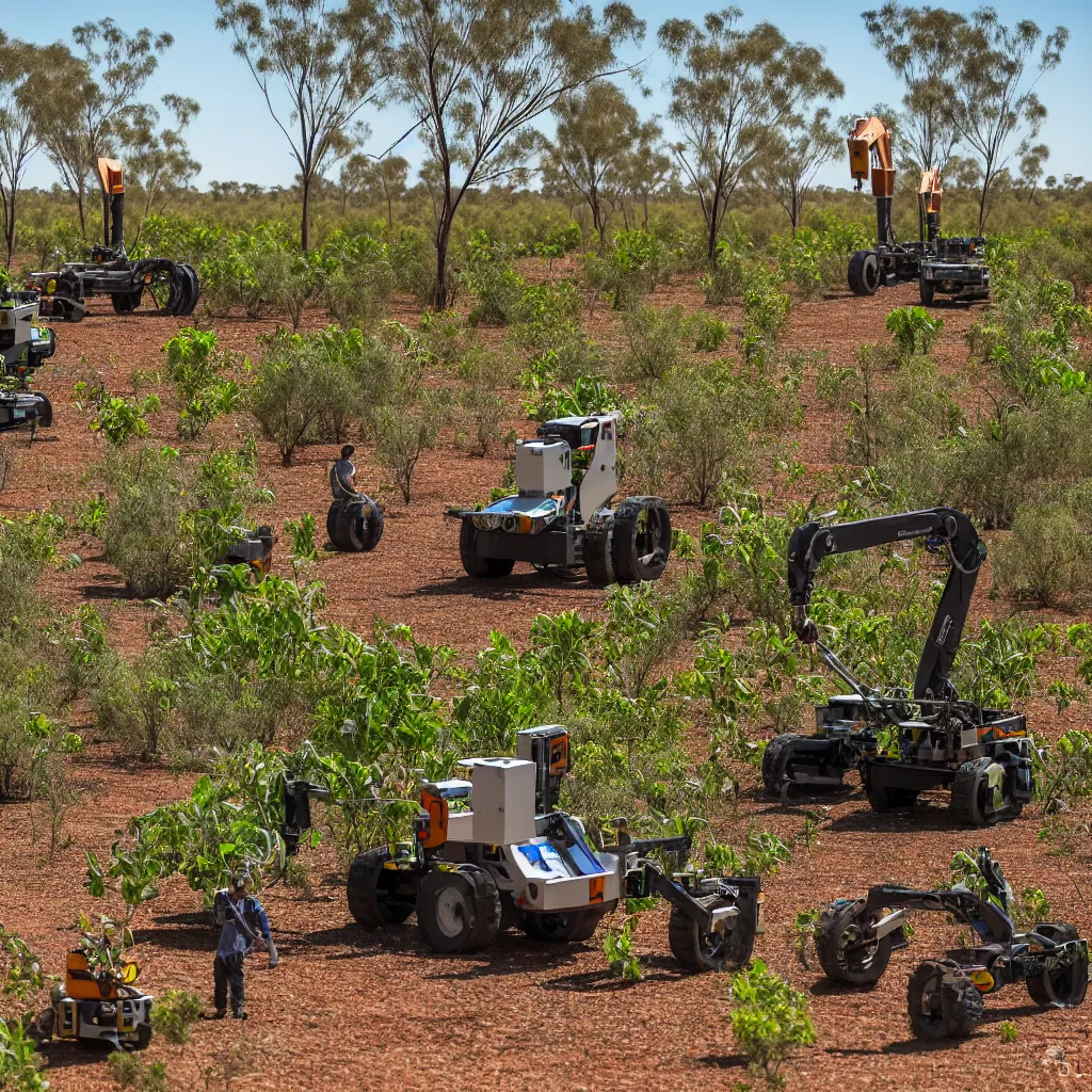 Image similar to tripedal robots harvesting a permaculture food forest in the australian desert, near an earthship village, next to a billabong, with crocodiles, XF IQ4, 150MP, 50mm, F1.4, ISO 200, 1/160s, natural light