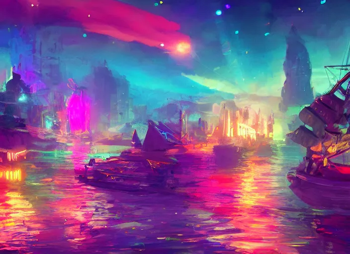 Prompt: You look quite divine tonight Here among these vibrant lights Pure delights surround us as we sail Signed, yours truly, trending on artstation