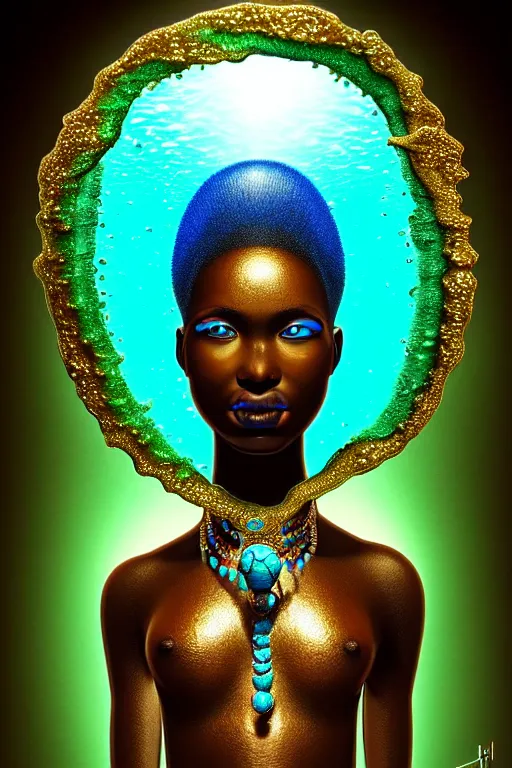 Prompt: hyperrealistic precisionist cinematic very expressive! translucent!! african goddess, full body, underwater scene with fish and algae, gold jewerly, highly detailed face, digital art masterpiece, eric zener cam de leon, dramatic pearlescent turquoise light on one side, long shot, low angle uhd 8 k, shallow depth of field