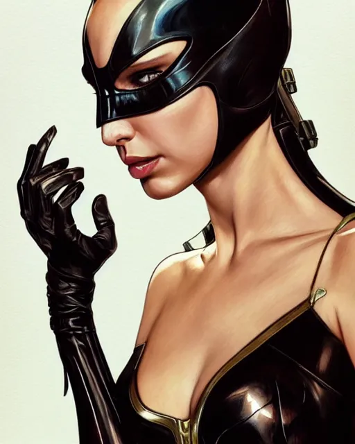 Image similar to portrait of Gal Gadot as Catwoman, DC, comics, elegant, intricate, headshot, highly detailed, digital painting, artstation, concept art, sharp focus, illustration, art by artgerm and greg rutkowski and alphonse mucha