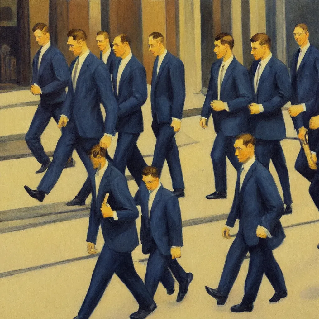 Prompt: painting of a group of men in business suits, marching to their offices, in the style of edward hopper