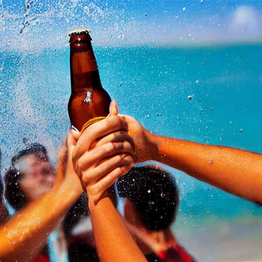 Image similar to a photo of a bottle of beer, product photo, splashes of liquid, beach background with young people having fun, energetic, delicate by marcel christ