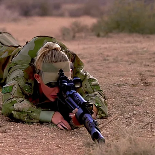 Prompt: cinematic shot of Britney Spears wearing green military clothes lying prone on the ground aiming a rifle in the desert, 8k, highly detailed, highly intricate, depth of field,