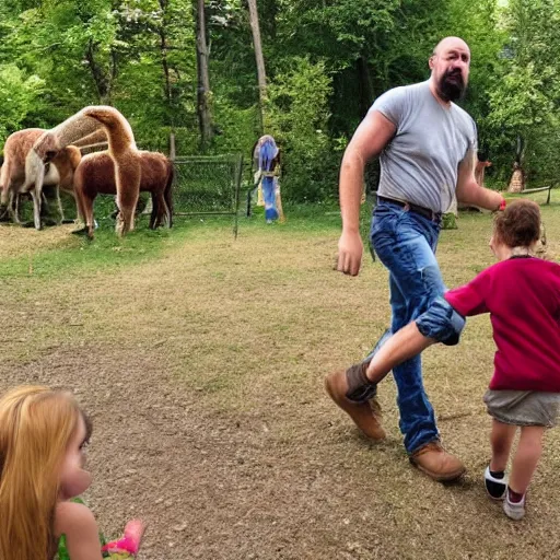 Image similar to aggressive bearded forestry man pushing kids out of the way at a petting zoo with lammas