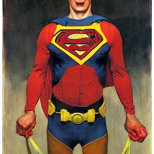 Prompt: A frontal portrait of a person wearing a deeply disturbing superhero costume. A painting by Norman Rockwell.