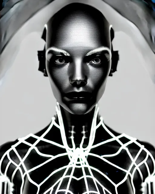 Image similar to black and white cyborg goddess high quality portrait, artificial intelligence, bio-mechanical bio-luminescence, artificial spider web, neurons, nerve cells, octane render, cinematic, hyper realism, high detail, 8k, in the style of Steven Meisel