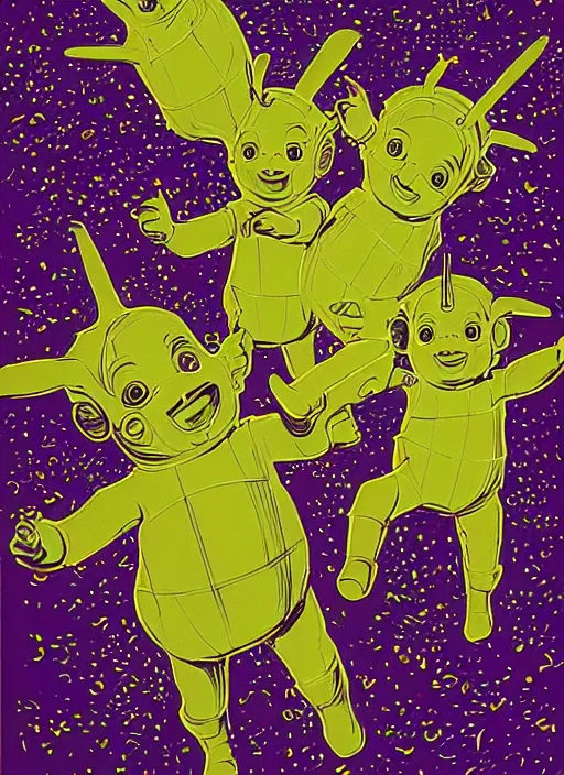 Prompt: teletubbies disgusting true form revealed, horror, high details, intricate details, by vincent di fate, artgerm julie bell beeple, 1 9 8 0 s, inking, vintage 8 0 s print, screen print