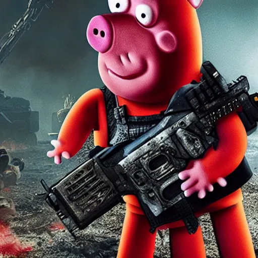 Image similar to Peppa pig in Gears of War, splash art, movie still, cinematic lighting, dramatic, octane render, long lens, shallow depth of field, bokeh, anamorphic lens flare, 8k, hyper detailed, 35mm film grain