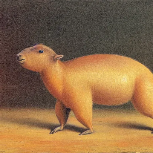 Prompt: a capybara in an oil painting, running freely, high detail, high polygon