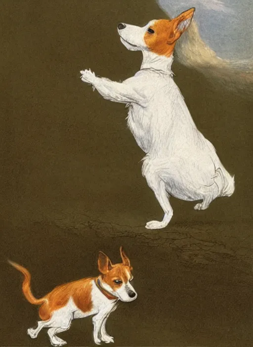 Prompt: candid portrait of a jack russel terrier howling, side view, illustrated by peggy fortnum and beatrix potter and sir john tenniel