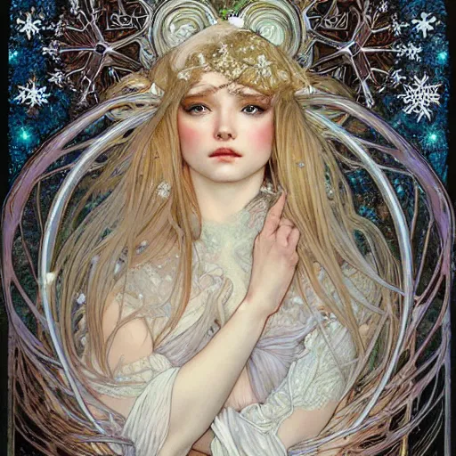 Prompt: realistic detailed face portrait of a unearthly ethereal ghostly fairy tale Ice Fairy among giant intricate snowflakes by Alphonse Mucha, Ayami Kojima, Amano, Charlie Bowater, Karol Bak, Greg Hildebrandt, Jean Delville, and Mark Brooks, Art Nouveau, Neo-Gothic, gothic, rich deep moody colors