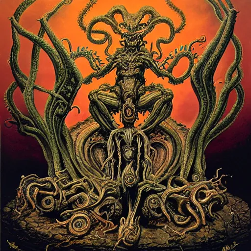 Prompt: monstrous and twisted altar with a statue to a many eyeballs, pustule, boil, veiny and four armed cthulhu statue, flayed skulls, slimy tentacles twisting in lotus position. in the style of hr giger and zdzisław beksinski and frank frazetta. golden hour. biomechanical oil painting horror gothic hyperrealistic detail