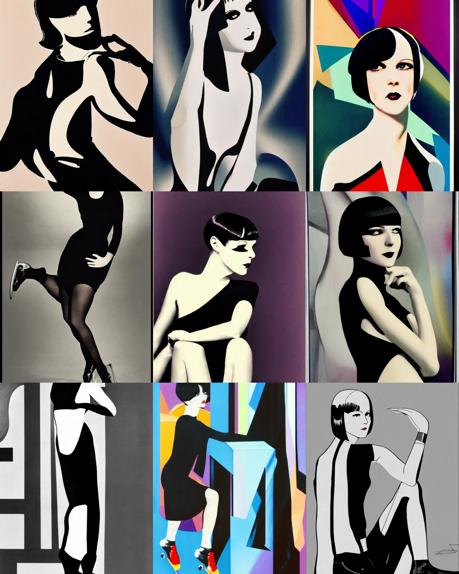 Prompt: full length portrait of 2 0 year old mary louise brooks roller skating, shiny bob haircut, dramatic light, abstract art deco city background, screen print, high contrast, sharp,, painted by ross tran 1 9 2 0 s