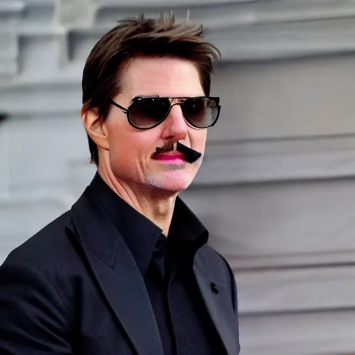 Image similar to paparazzi photo of tom cruise caught using a obviously fake mustache, wide angle, fisheye, uhd, 8 k, paparazzi, award winning